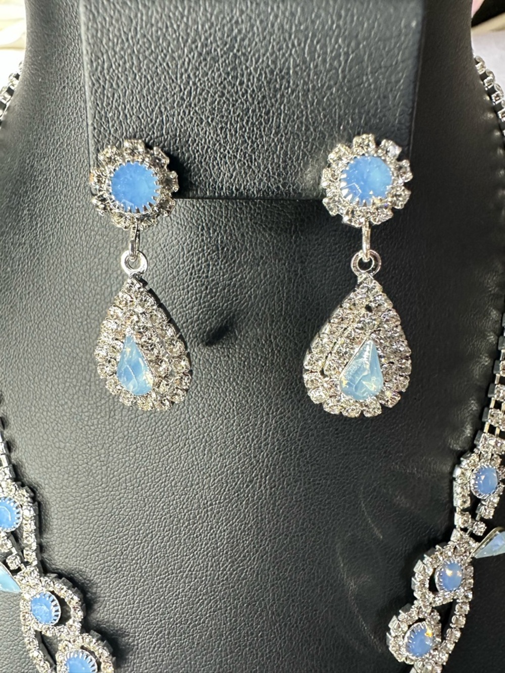 Ice Blue Crystal Necklace & Earrings Set Silver Tone | Bridal Prom Formal - Picture 6 of 15
